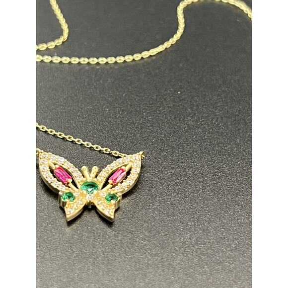 14k Gold Butterfly Multi Colored Gemstone 18in Necklace - Picture 3 of 15